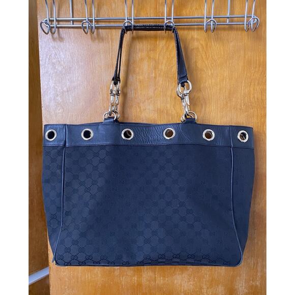 Gucci Black GG Monogram Canvas and Leather Positano Tote Gold Hardware - Picture 3 of 15